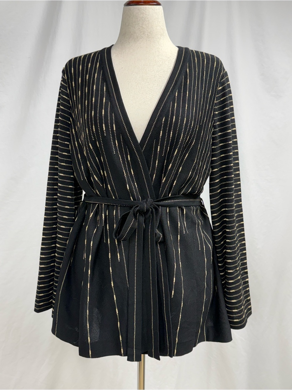 Ming Wang Black Long-Sleeve Belted Cardigan Sweater with Metallic Gold Striping